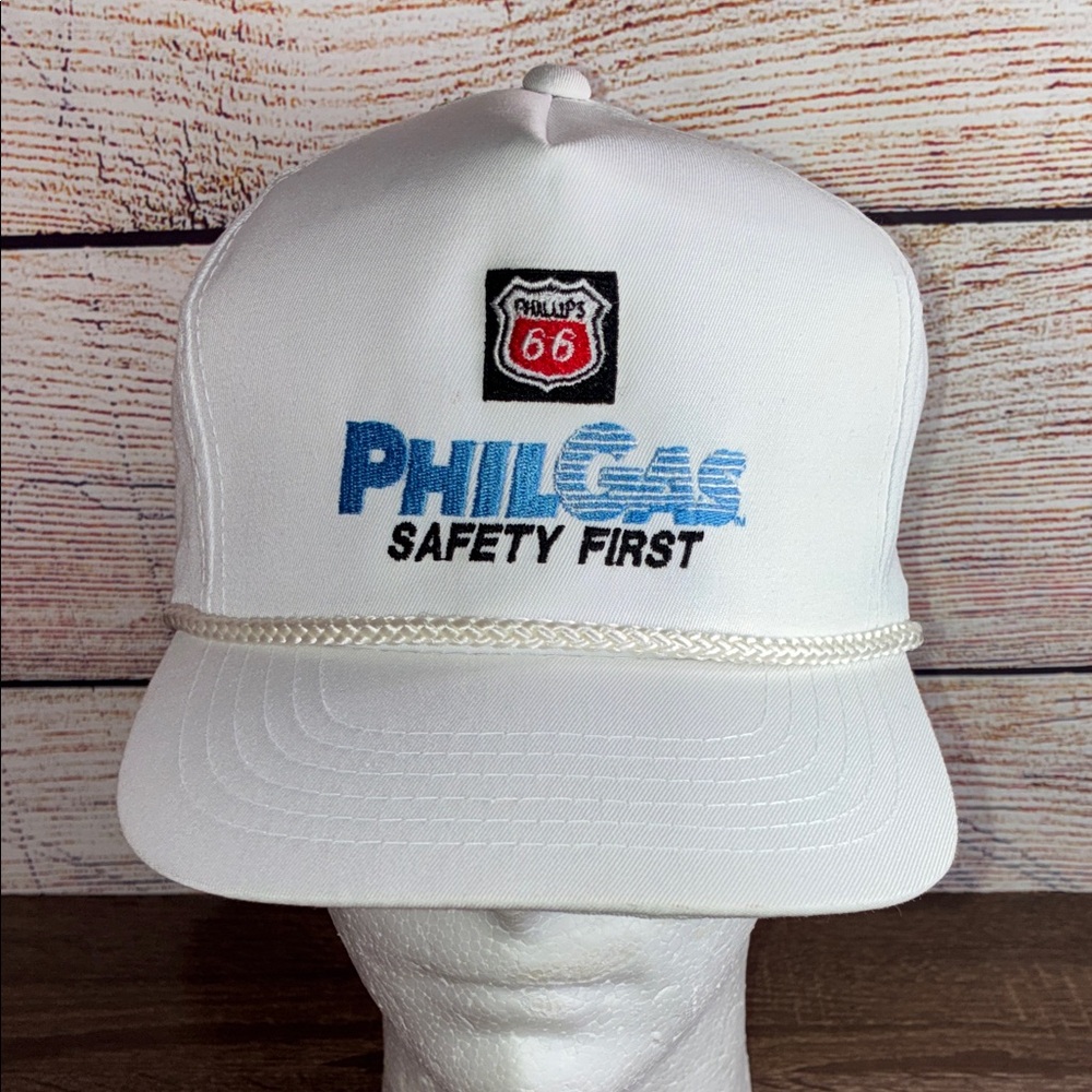 Vintage Phillips 66 White  Safety First Adjustable Trucker Rope Hat